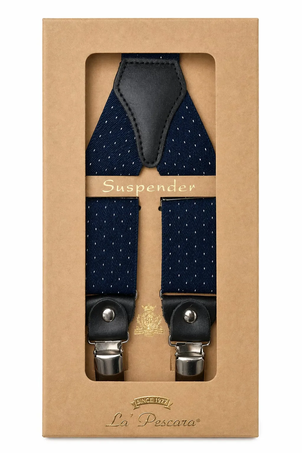 Navy dotted suspenders