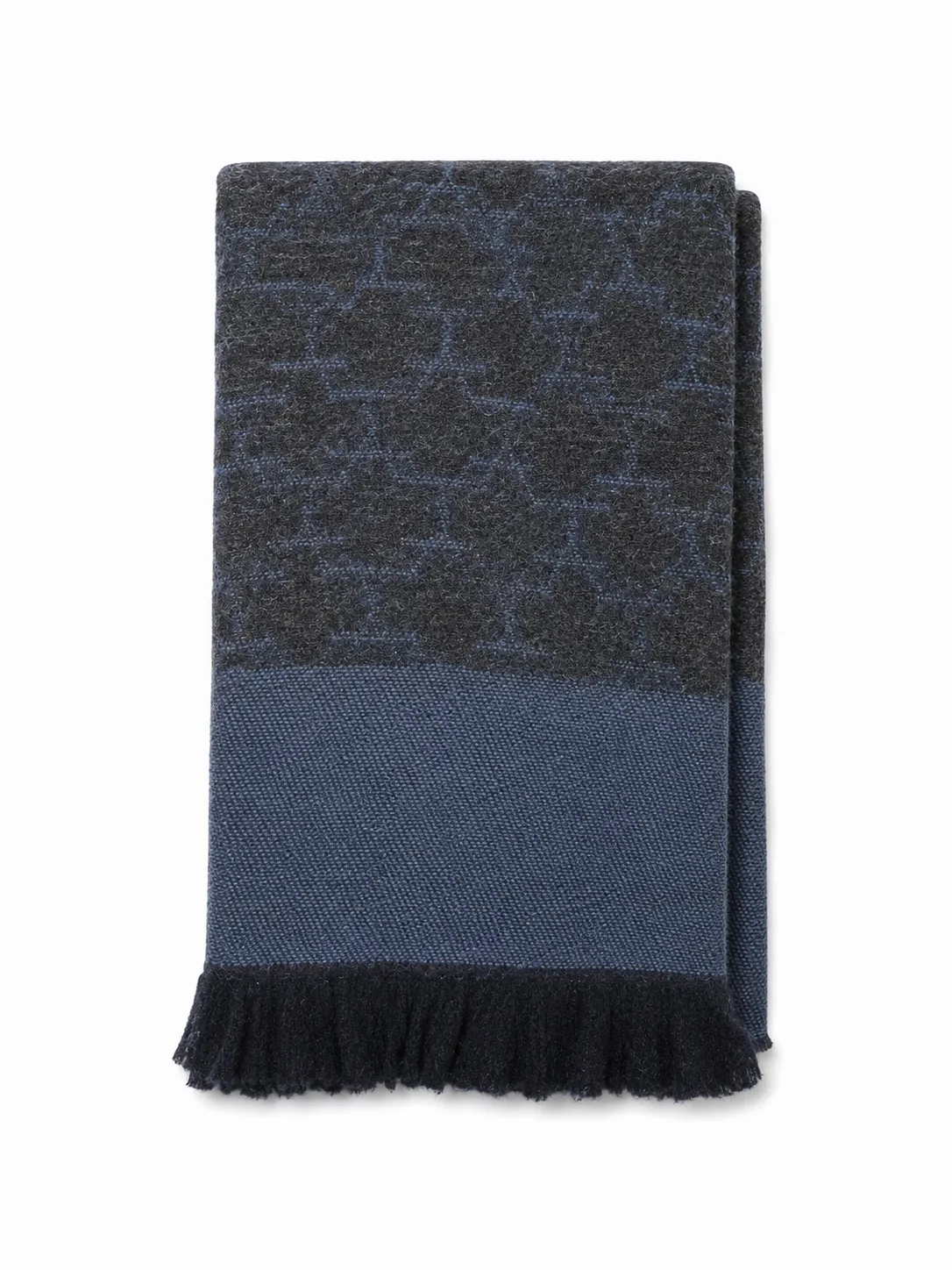Charcoal grey and muted blue scarf with Blocked pattern with dark grey fringe.